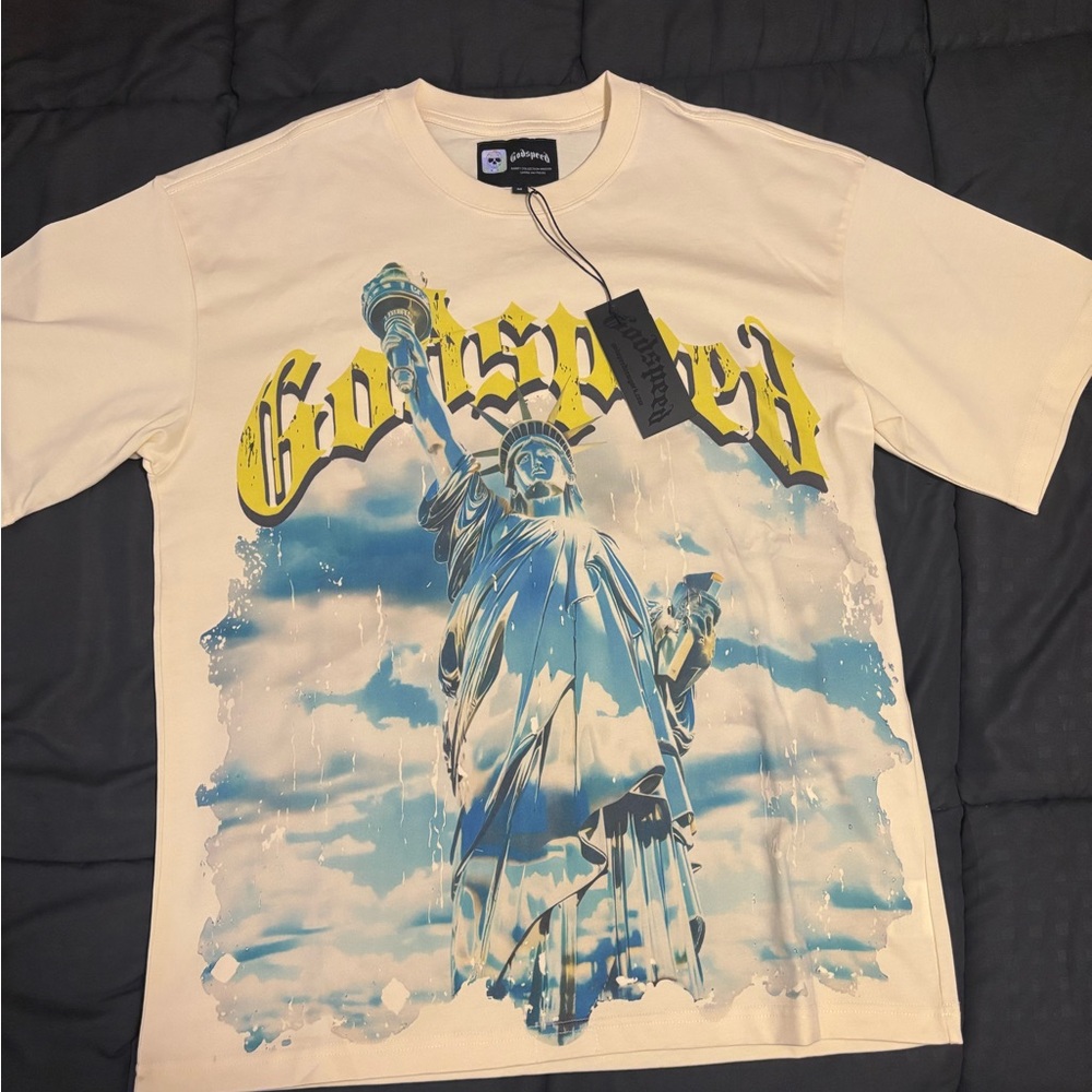 Godspeed Statue of Liberty Graphic Tee - Blue and Yellow Lettering